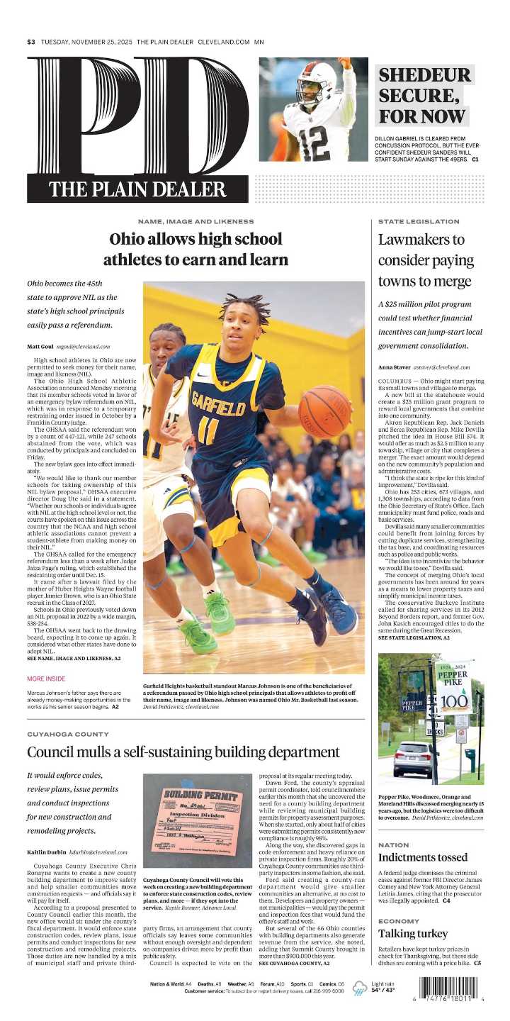 The Plain Dealer’s front page for November 25, 2025