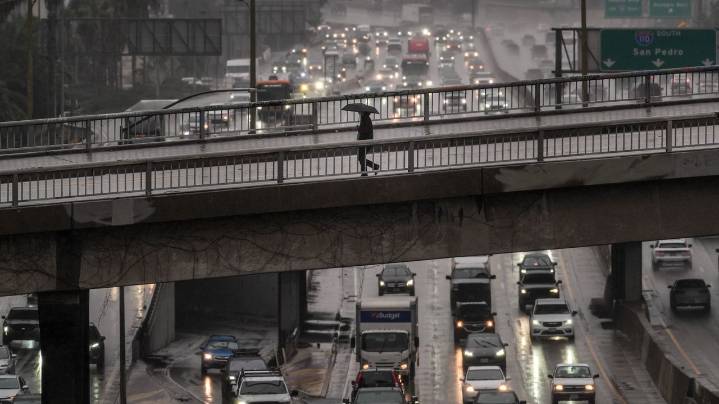 Atmospheric river douses Southern California, threatening rockslides in LA's fire