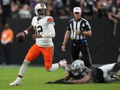 Shedeur Sanders wins his 1st NFL start, Myles Garrett has 3 sacks as Browns beat Raiders 24