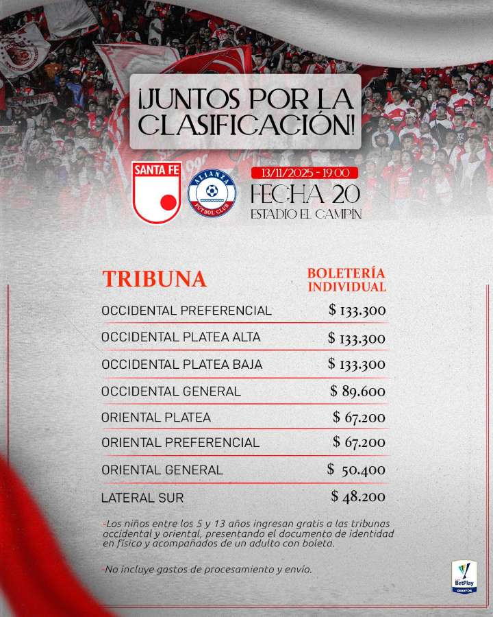 ¡Santa Fe alista su fiesta en El Campín con precios definidos para enfrentar a Alianza Valledupar! -