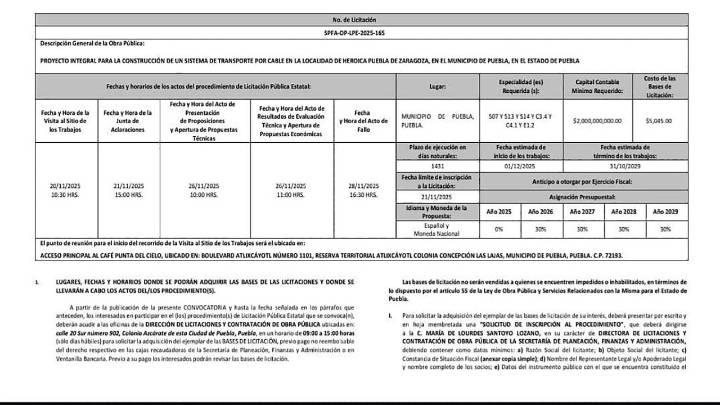 Lanzan licitación para cablebús en Puebla; inicia en diciembre y concluye en 2029