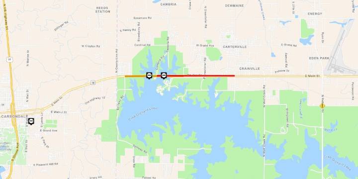 Westbound Rte. 13 blocked near Crab Orchard Lake due to stuck semi truck