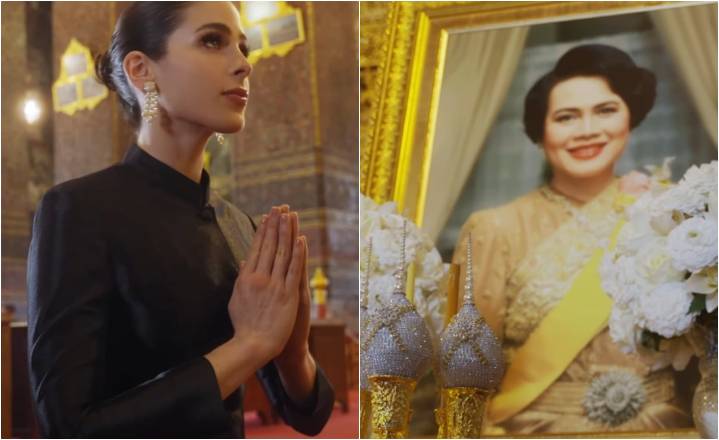 Fátima Bosch se arrodilla frente a Sirikit, la reina madre de Tailandia, figura clave en la historia de Miss Universo