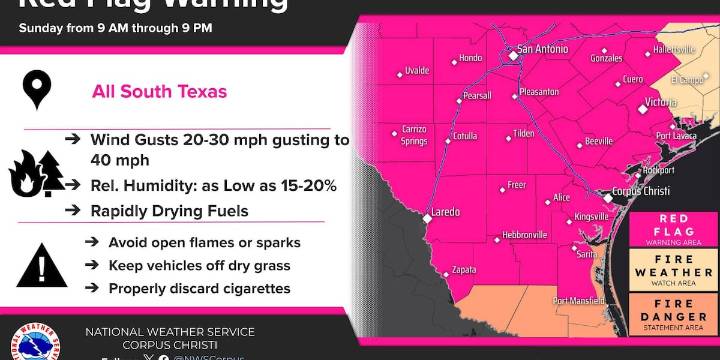 South Texas under red flag warning Sunday as cold front approaches