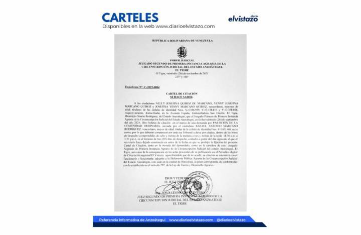 Cartel de citación del Juzgado Segundo de Primera Instancia Agraria de El Tigre en atención a Nelly Josefina Quiroz de Marcano, Yenny Josefina Marcano Quiroz y Josefina Yenny Marcano Quiroz