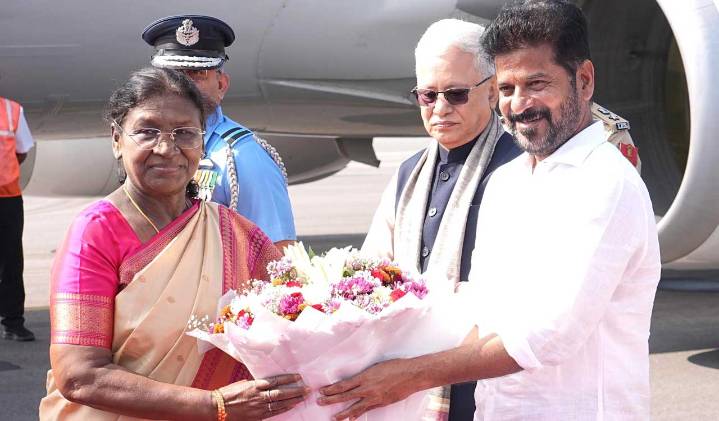 Telangana Governor and CM Revanth Reddy Gave a Grand Welcome to the President of India at Begumpet Airport