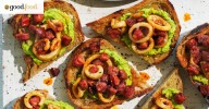 Broad bean, squid and chorizo crostini