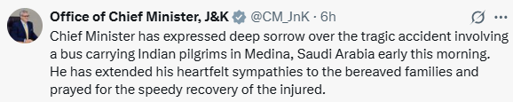 CM Omar Abdullah mourns death of Indian pilgrims in Saudi bus tragedy