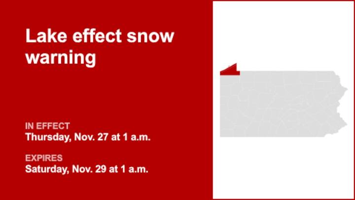 Lake effect snow warning for Northern Erie and Southern Erie from Thursday to Saturday