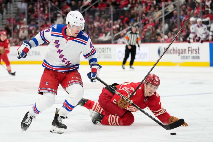 The Red Wings and Rangers clashed on Sunday, both in the game and in colors, but the centennial jerseys today