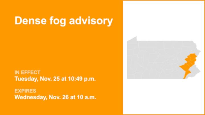 Dense fog advisory in place for Eastern Pa. until Wednesday morning
