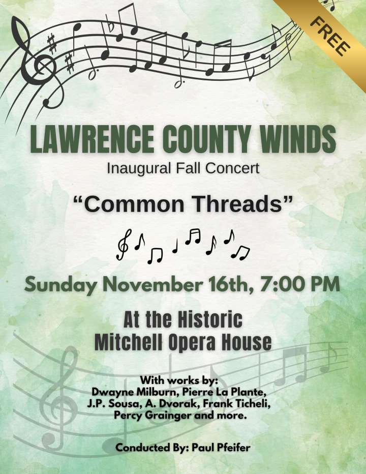 Lawrence County Winds debut concert set for Nov. 16 at Mitchell Opera House