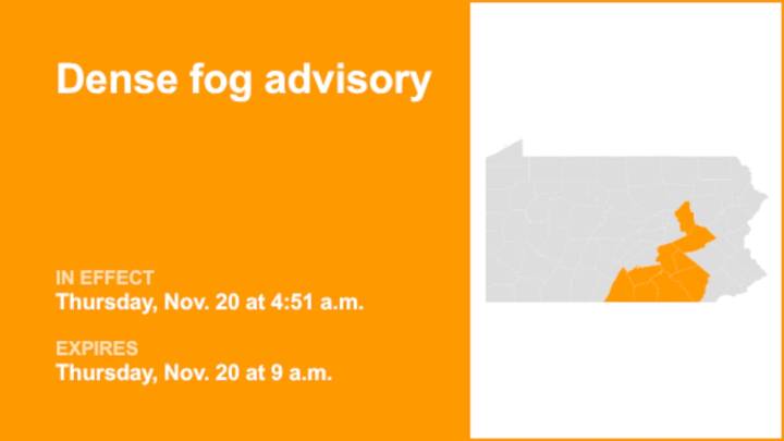 Dense fog advisory active for Central Pa. until Thursday morning