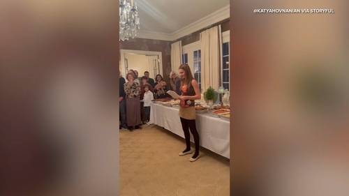 Table with Thanksgiving food crashes to ground, video shows