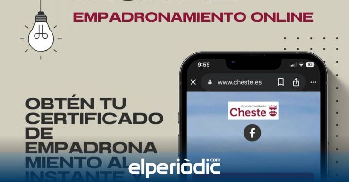 La Sede Electrónica de Cheste ya permite obtener el certificado de empadronamiento al instante