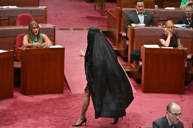 Senator banned after wearing burqa in far-right protest in middle of parliament