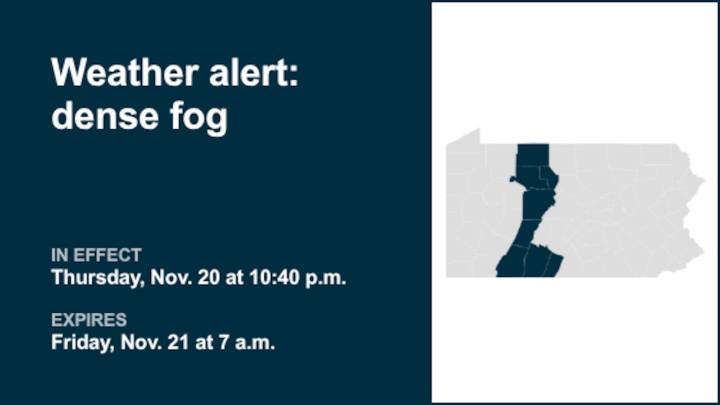 Update: Weather alert for dense fog in Central Pa. until Friday morning