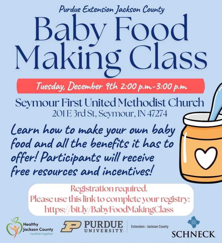 Purdue Extension offering free, hands-on baby food–making class in Seymour Dec. 9