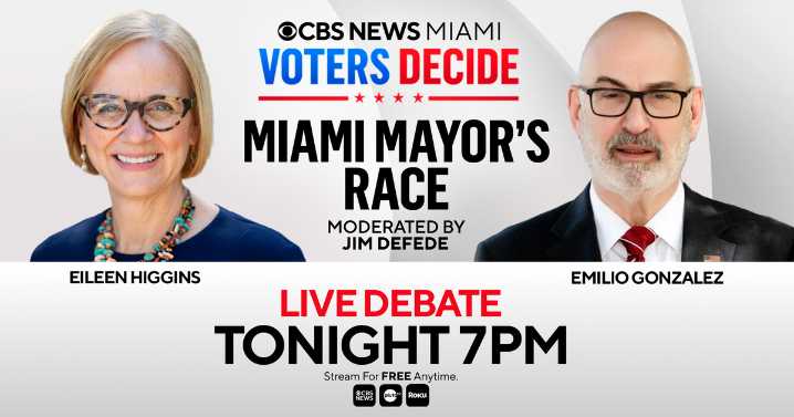 Miami mayoral candidates Eileen Higgins and Emilio Gonzalez face off in debate moderated by CBS News Miami. Here's how to watch.