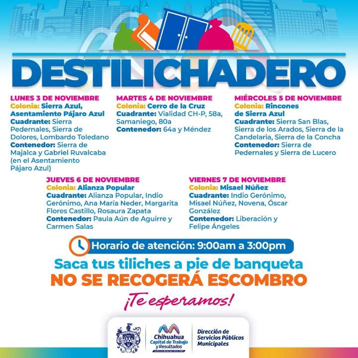 Estará Destilichadero en seis colonias del 3 al 7 de noviembre