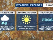Clouds and rain overnight into early Monday morning, then clearing