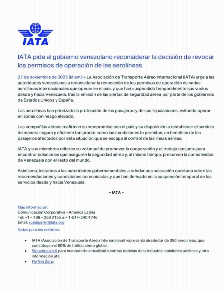 Iata pide a Venezuela reconsiderar revocación de permisos a aerolíneas