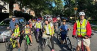 From a few to more than 350, children and parents ride together to school as a 'bike bus'