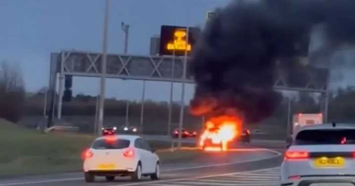 Car bursts into flames on M90 as emergency crews rush to scene