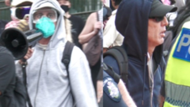 Victoria Police hunt for eight protestors after rocks, rotten food allegedly thrown at police on the streets of Melbourne