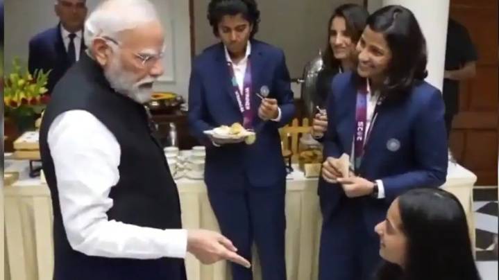 PM Modi serves food to wheelchair-bound Pratika Rawal at champions' meet in Delhi