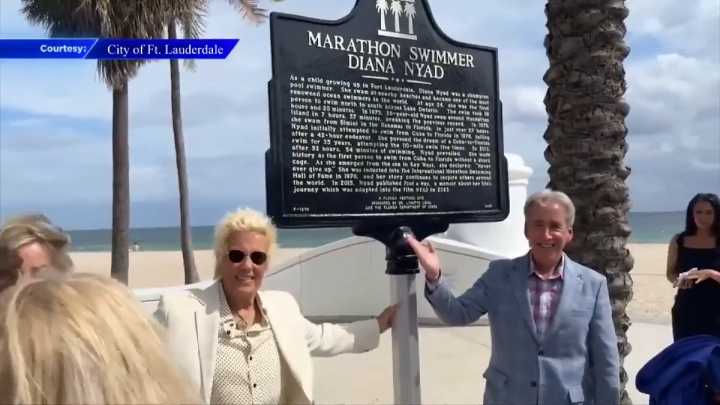 Swimmer Diana Nyad honored with Florida State Historic Marker in Fort Lauderdale for 2013 swim from Cuba to Key West