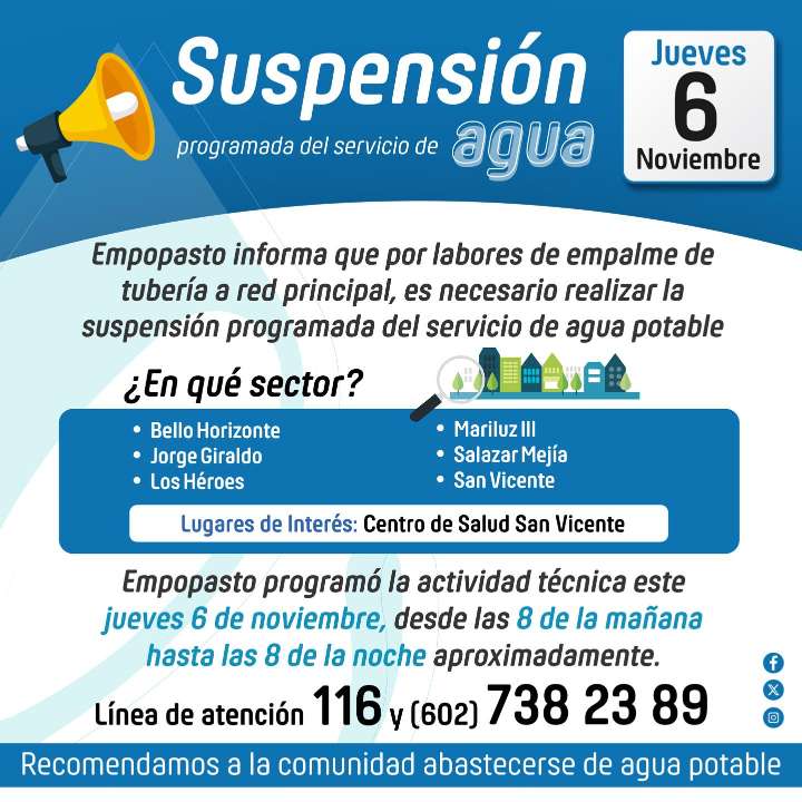 Empopasto informa suspensión programada del servicio de agua potable este jueves 6 de noviembre