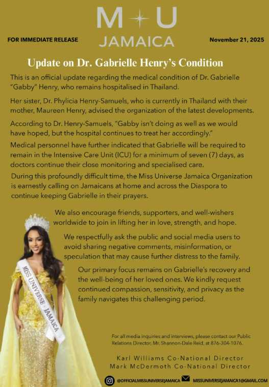 «No está evolucionando tan bien» como se esperaba: El nuevo parte médico de Miss Jamaica tras su fuerte caída en el Miss Universo