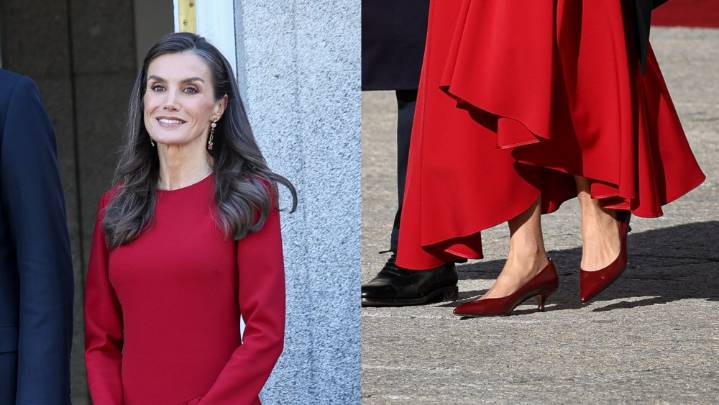 Queen Letizia Recycles Red Kitten Heels with Matching Dress