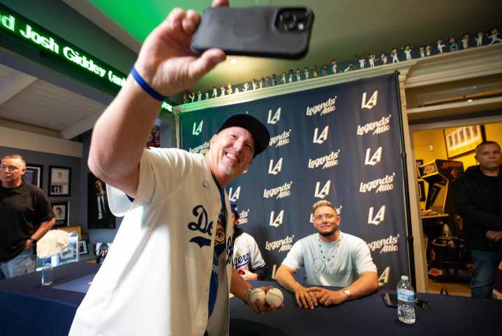 Dodgers’ Miguel Rojas signs autographs in Claremont appearance