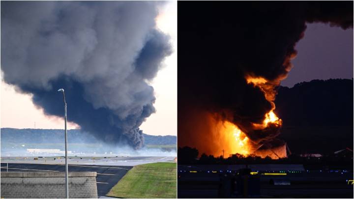 Emergency services respond as cargo plane goes down in ball of fire in Louisville, Kentucky shortly after take