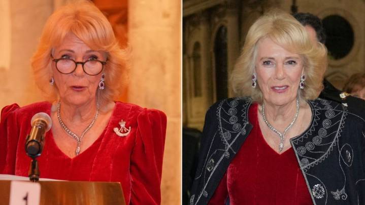Queen Camilla Wears Historic Daqlah and Velvet Gown at Rifles Dinner