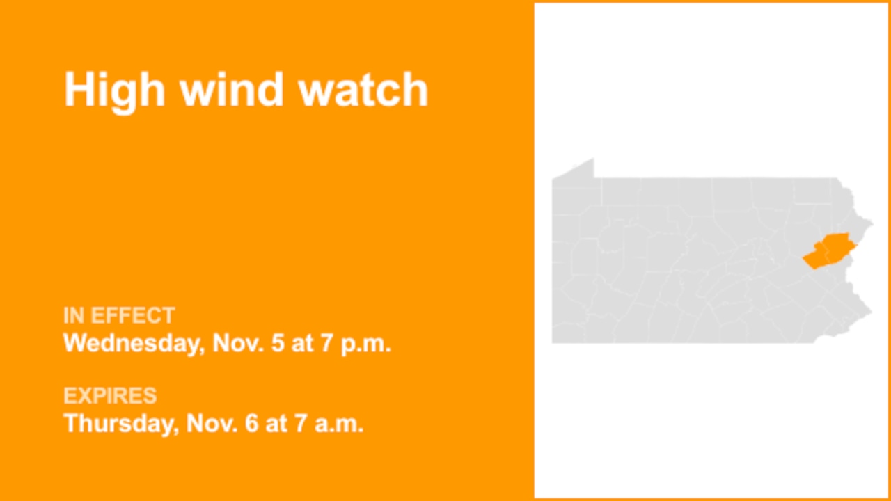 High wind watch for Carbon and Monroe counties for Wednesday and Thursday