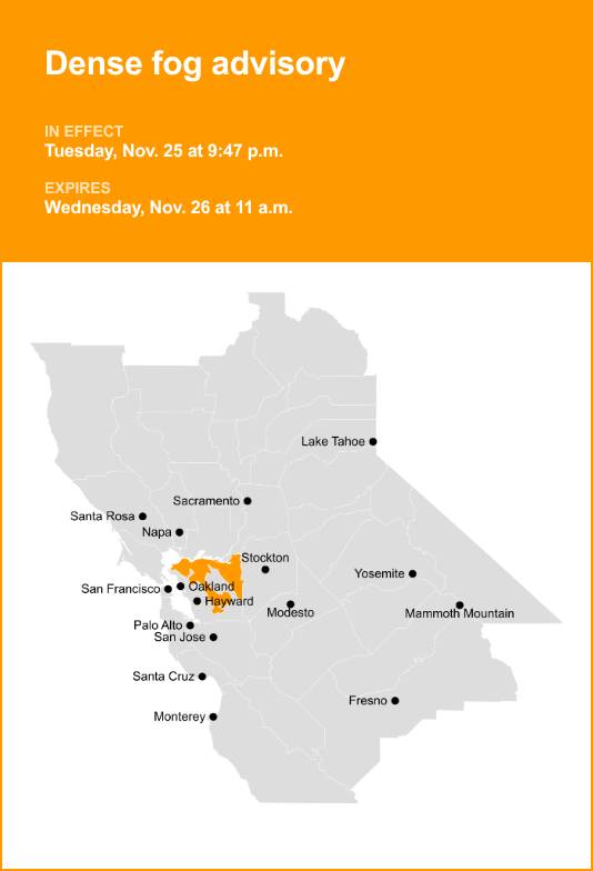 Dense fog advisory issued for East Bay Interior Valleys until Wednesday midday