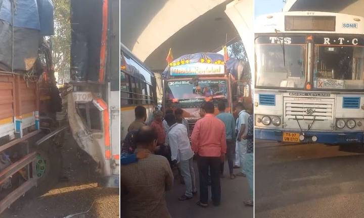 RTC Bus Hit by DCM Truck at Aramghar Crossroads, Passengers Sustain Minor Injuries
