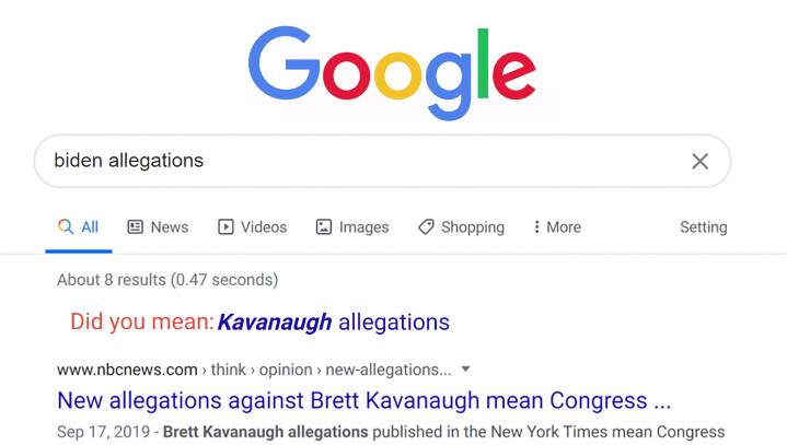 Google Autocorrecting All Searches For 'Biden Allegations' To 'Kavanaugh Allegations'