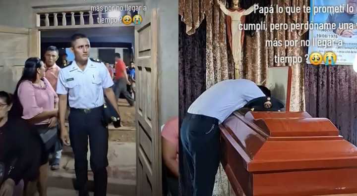 Policía peruano se quiebra frente al ataúd de su padre y deja a todos en silencio: "Perdóname por no llegar a tiempo”