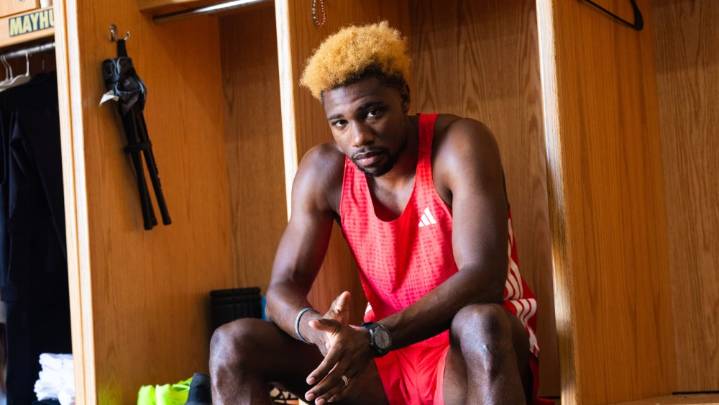 Noah Lyles Models Y-3's Ornate Regu 2002 Sneaker and Engineered Running Vest [PHOTOS]