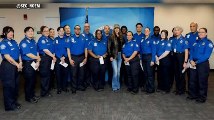Homeland Security Sec. Kristi Noem delivers bonus checks to TSA agents at Logan Airport