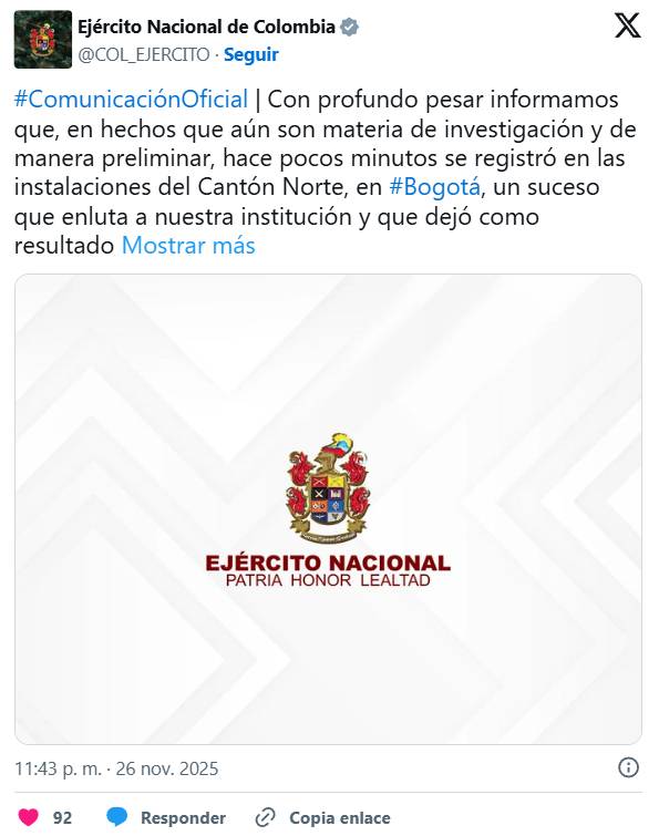 Colombia: oficial del Ejército mata a su expareja, también militar, y se suicida en una base de Bogotá