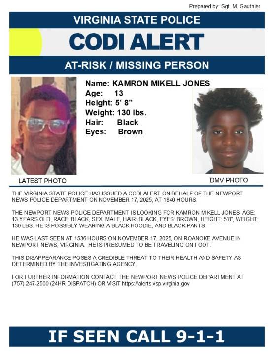 CODI Alert issued for missing Newport News boy