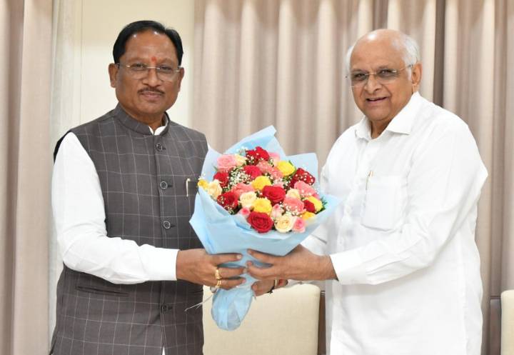 Chief Minister Vishnu Deo Sai Pays Courtesy Visit to Gujarat Chief Minister Bhupendra Patel in Gandhinagar