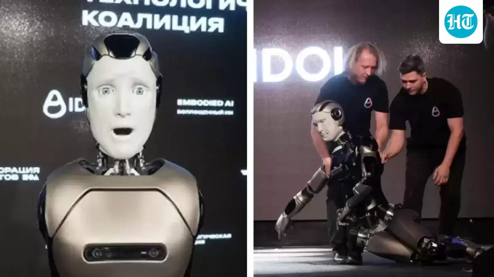 Russia's first humanoid robot, made by AIDOL, falls face