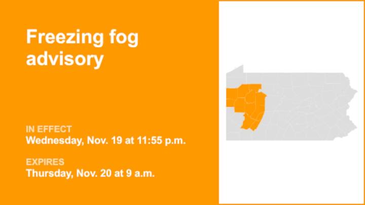 Freezing fog advisory in place for part of Pennsylvania until Thursday morning
