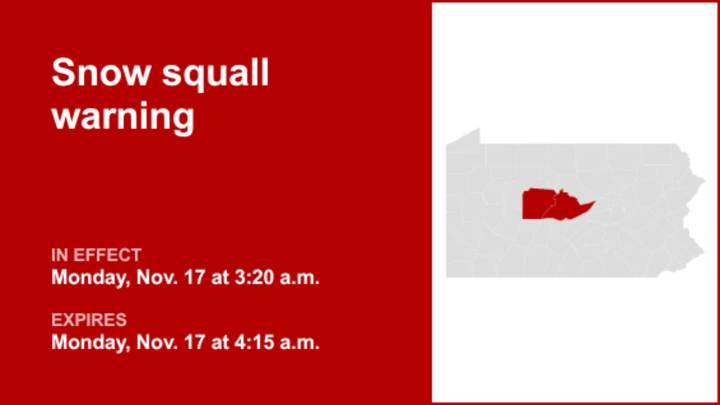Snow squall warning for Centre and Clearfield counties early Monday morning